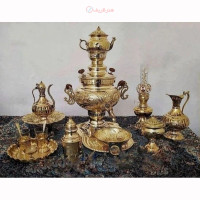 خرید آنلاین، سرویس شکیل سماور 6 لیتری ذغالی برنجی 6 لیتری، قلم زنی دست، پر نقش، زیر قیمت بازار | چترزندگی