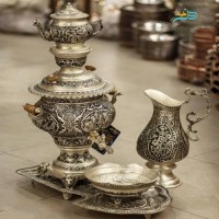 خرید ، قیمت و مشخصات سماور تزئینی برنجی قلمزنی سیاه قلم آبکار پتینه نقره پوشش کوره ای | چترزندگی