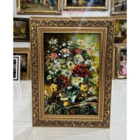 خرید تابلو فرش دستبافت، تابلو فرش دستبافت گل و گلدان چله ابریشم 50 رج، زیبا و نفیس، زیر قیمت بازار _ هنرظریف