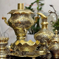 خرید، قیمت و مشخصات سرویس سماور ذغالی 6 لیتری اعلا قلمزنی اسلیمی و ورق ضخیم برنجی فوق العاده کیفیتی _ هنرظریف