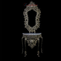 خرید، قیمت و مشخصات سرویس آینه و کنسول طرح گل میوه و بدنه آلومینیوم، رنگ طلایی درجه یک _ هنرظریف