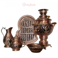 خرید، قیمت و مشخصات سرویس جدید سماور ذغالی 5 پارچه مسی مدل قلمکاری ظرفیت 4 لیتر زیر قیمت بازار _ هنرظریف