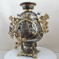 خرید آنلاین، سماور 8 لیتری برنجی زغالی کار شده با قلم زنی اعلاء، مدل جام، طرح ختایی، اسلیمی و بزم، با دوام، به قیمت تولیدی | چترزندگی