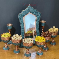 خرید آنلاین، ست آینه شمعدان و هفت سین مسی فیروزه کوبی شده, مس و پرداز و خاتم کاری، با آیینه زیبا، زیر قیمت بازار | چترزندگی