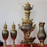 خرید آنلاین، سرویس کامل سماور 5 لیتری قلمزنی برنجی، طرح گل و مرغ با قلم استاد هرندی، کیفیت اعلاء، زیر قیمت بازار | چترزندگی