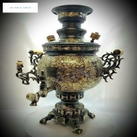 خرید آنلاین، سماور زغالی برنجی مدل توپی دسته توری، با قلم زنی ریز، پر نقش و نگار،  با کیفتی عالی، زیر قسمت بازار | چترزندگی