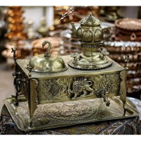 خرید آنلاین، منقل سماوری برنجی مدل هخامنشی با قلمزنی گل و مرغ سیاه قلم آنتیک شده، زیر قیمت بازار | چترزندگی