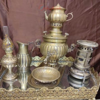 خرید آنلاین، سرویس آنتیک سماور 3 لیتری زغالی برنجی با ورق ضخیم و سنگین وزن، قلم زنی خطی، زیر قیمت بازار | چترزندگی