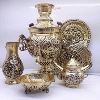 خرید آنلاین، ست سماور 6 لیتری ذغالی برنجی، قلم زنی سیاه طرح گل دشت، کار دست با کیفیت بالا، قیمت مناسب | چترزندگی