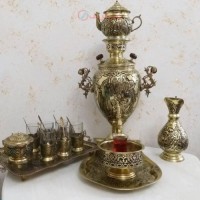 خرید آنلاین، سرویس سماو 5 لیتری ر برنجی قلمزنی زغالی،با ست چایخوری مدل آناناسی دسته توری، رنگ ثابت، با قیمت مناسب | چترزندگی