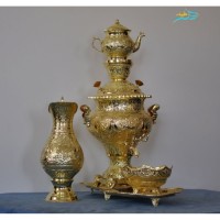 خرید آنلاین، سرویس سماور قلم زنی 5 لیتری اعلا با جنس برنج و روکش شبه طلا، با ماندگاری بالای رنگ، خاص، با قیمت مناسب
