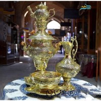 خرید، قیمت و مشخصات سرویس سماور برنجی زغالی قلمزنی گل و مرغ لعابکاری طلایی رنگ ثابت | چترزندگی