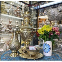 خرید آنلاین، سرویس فوق العاده سماور قلمزنی دارای آبکاری طلا و نقره، پر نقش و نگار، شناسنامه دار، زیر قیمت بازار | چترزندگی