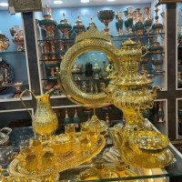 خرید آنلاین، سرویس لاکچری سماور 4 لیتری برقی برنجی، قلمزنی  آب طلا، همراه سطل برنجی، زیر قیمت بازار | چترزندگی