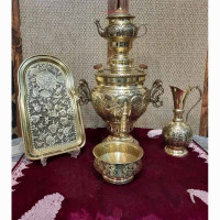 خرید آنلاین، سروس سماور 7 لیتری زغالی برنجی، قلم زنی سیاه باغ پرندگان، کار دست، زیر قیمت بازار | چترزندگی