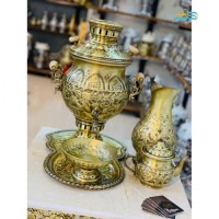 خرید آنلاین، سرویس 5 تکه سماور برنجی گازی 6 لیتری با ورق یک دهم و نقش و نگاری شیک و زیبا، کیفیت اعلاء، زیر قیمت بازار | چترزندگی