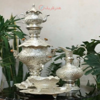 خرید آنلاین، سرویس سماور ۶ لیتری زغالی برنجی، با قلم زنی گل و مرغ کار شده بسیار با کیفیت، آبکاری نقره ای، با قیمت مناسب | چترزندگی
