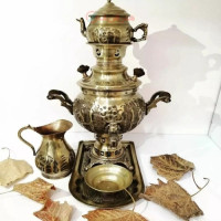 خرید آنلاین، سرویس سماور 1 لیتری ذغالی برنجی، سیاه قلم، مناسب دکوری با کیفیت، زیر قیمت بازار | چترزندگی