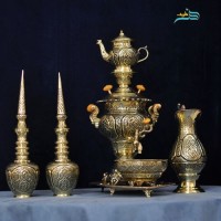 خرید آنلاین، سرویس سماور برنجی و تنگ شاخدار قلم استاد لطفی، دکوری، 3 لیتری دارای روکش کوره ای، قیمت مناسب | چترزندگی