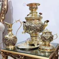 خرید آنلاین، سرویس 5 پارچه سماور 6 لیتری برنجی ساخته شده با ورق ضخیم، قلم زنی سیاه، زیر قیمت بازار | چترزندگی