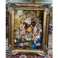 خرید تابلو فرش دستبافت، تابلو فرش دستبافت گل و گلدان چله ابریشم چر از ابریشم 50 رج، اصل تبریز _ هنرظریف