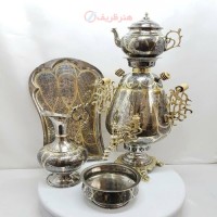خرید آنلاین، سرویس فوق العاده سماور 6 لیتری برنجی زغالی مدل جام با دسته های خوشه ای، رنگ نقره ای طلایی،کله شیر خروسی مینیاتوری، زیر قیمت بازار | چترزندگی