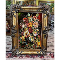 خرید، تابلو فرش دستبافت، تابلو فرش دستبافت گل و گلدان چله ابریشم پر از ابریشم، 50 رج، زیر قیمت بازار _ هنرظریف