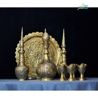 خرید آنلاین، تنگ شاخدار و شراب خوری 6 نفره برنجی سیاه قلم، با دوام و کاربردی، آنتیک، با قیمت مناسب