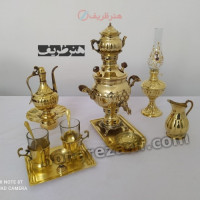خرید آنلاین، سرویس کامل سماور 1 لیتری زغالی برنجی ساده و زیبا با قلم زنی خطی، 5 تکه با کیفیت بالا، زیر قیمت بازار | چترزندگی