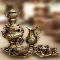 خرید، قیمت و مشخصات سرویس سماور 4 لیتری برنجی و چایخوری ریز قلم آنتیک شده با ضمانت | چترزندگی