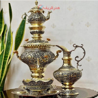 خرید، قیمت و مشخصات سرویس سماور برنجی 6 لیتری اعیانی، ذغالی و دارای پوشش محافظ رنگ زیر قیمت بازار _ هنر ظریف