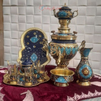 خرید آنلاین، سرویس شکیل سماور 6 لیتری مسی مینا کاری شده، مس و پرداز، قلم زنی استادانه دست، زیر قیمت بازار | چترزندگی
