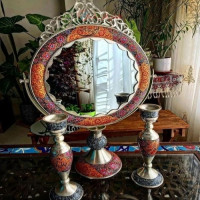 خرید آنلاین، ست زیبای آینه شمعدان مسی دست ساز مدل گهواره ای، تاجدار با نقاشی دست دارای روکش نقره، زیر قیمت بازار | چترزندگی