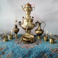 خرید، قیمت ومشخصات سرویس سماور زغالی برنجی نانو ۱۴ پارچه ظرفیت ۳/۵ لیتر زیر قیمت بازار، کیفیت عالی _ هنرظریف