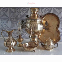 خرید آنلاین، ست سماور 6 لیتری زغالی برنجی، با مهر و امضاء، قلم زنی خطی، کیفیت عالی، زیر قیمت بازار | چترزندگی