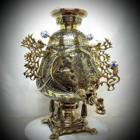 خرید آنلاین، سماور 8 لیتری برنجی زغالی مدل جام با دسته های شاخ  گوزنی بزرگ، قلمزنی تلفیقی ریزه قلم ختایی، زیر قیمت بازار | چترزندگی
