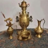 خرید آنلاین، سرویس سماور برنجی ذغالی 6 لیتری مدل نیم نظر، کیفیت درجه یک، طرح درشت خطی، با قیمتی مناسب | چترزندگی