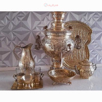 خرید آنلاین، سرویس 9 پارچه سماور 6 لیتری زغالی برنجی، قلمزنی طرح هخامنشی و دوبل هواکش، زیر قیمت بازار | چترزندگی