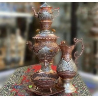 خرید آنلاین، سرویس سماور 3 لیتری زغالی برنجی با قلمزنی فوق العاده دست، آبکاری کوره ای دارای 7 سال گارانتی، زیر قیمت بازار | چترزندگی