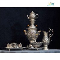 خرید آنلاین، سرویس سماور و چای خوری 4 لیتری با  قلم اعلاء، بدون تغییر رنگ،دارای روکش کوره ای، زیر قیمت بازار