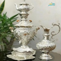 خرید آنلاین، سرویس سماور ٤ لیتری آبکاری نقره، بسیار چشم نواز، همراه با  قلمزنی درجه یک اثر استاد رحمتی، زیر قیمت بازار | چترزندگی