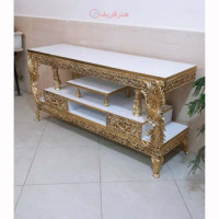 خرید آنلاین، میز تلویزیون 2 طبقه از جنس آلیاژ آلومنیوم با ستون طرح طاووس، طول 140 با آبکاری برنز، زیر قیمت بازار | چترزندگی