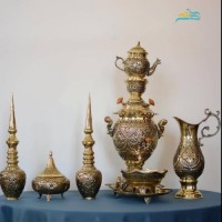 خرید آنلاین، سرویس سماور، تنگ شاخدار و گز خوری 200 مثقالی، با کیفیت عالی، طرح اسلیمی، قلمزنی ظریف و خاص، با قیمت مناسب | چترزندگی