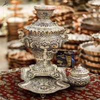 خرید آنلاین، سرویس سماور برنجی 3 لیتری آبکاری شبه نقره، بدون تغییر رنگ، قلمزنی دست درجه یک، با قیمتی مناسب | چترزندگی