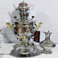 خرید آنلاین، ست سماور 10 لیتری برنجی گازی، با ورق ضخیم مدل توپی براق، قلم زنی ظریف، قیمت مناسب | چترزندگی