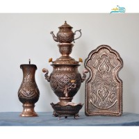 خرید آنلاین، سرویس سماور برنجی قلم زنی با کیفیت همراه با روکش کوره ای مسی سیاه قلم و ماندگاری بالای رنگ، زیر قیمت بازار | چترزندگی