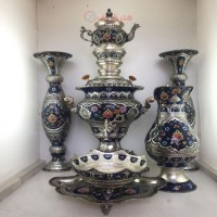 خرید آنلاین، سرویس سماور 5 لیتری برنجی نقاشی شده بر روی کار با روکش نقره، بدون تغییر رنگ و کیفیت بالا، زیر قیمت بازار | چترزندگی